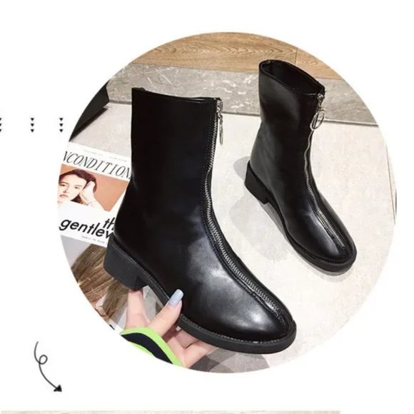 New Front Zipper Round Toe Chunky Heel All-match Mid-Cut Martin Boots - Picture 5 of 5